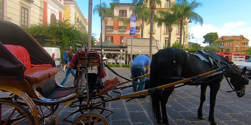Calèche dans le centre historique de Sorrente avec cheval, voiture ancienne et bâtiments colorés.