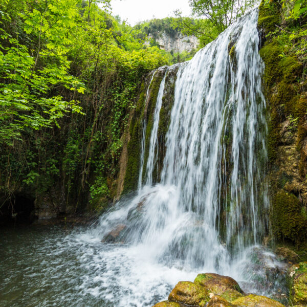 Cascade sauvage dans la Vallée des Ferrières (Valle delle Ferriere) sur la Côte Amalfitaine, entourée d'une forêt luxuriante.