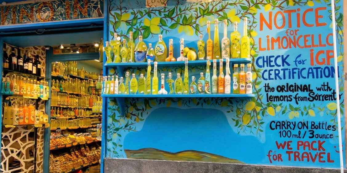 Boutique de limoncello sur la via San Cesareo à Sorrente avec bouteilles et décor aux citrons.