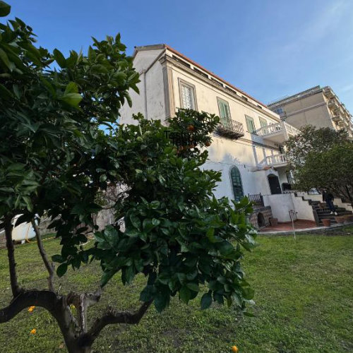 Façade d'une villa historique blanche entourée de jardins verdoyants et d'arbres fruitiers sous un ciel dégagé.
