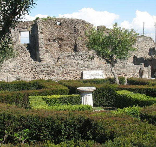 Jardin intérieur d'une villa de Pompéi avec des haies géométriques basses et des murs en ruine.