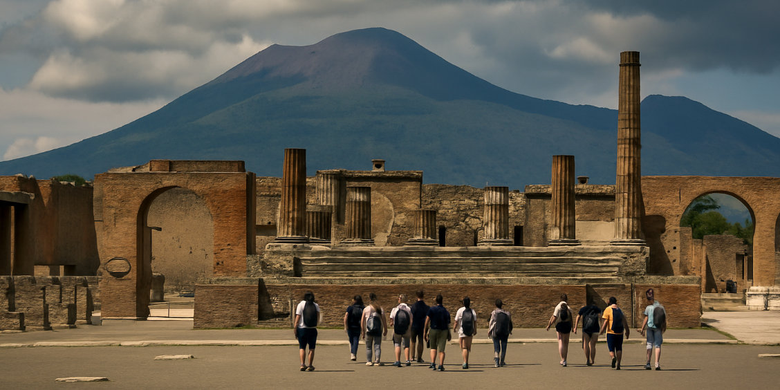 Groupe de touristes marchant vers les ruines du forum de Pompéi avec le mont Vésuve en arrière-plan.