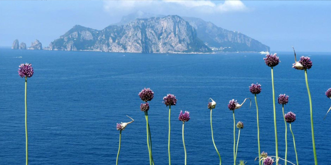 Vue de l'île de Capri depuis la mer, montrant les rochers Faraglioni.