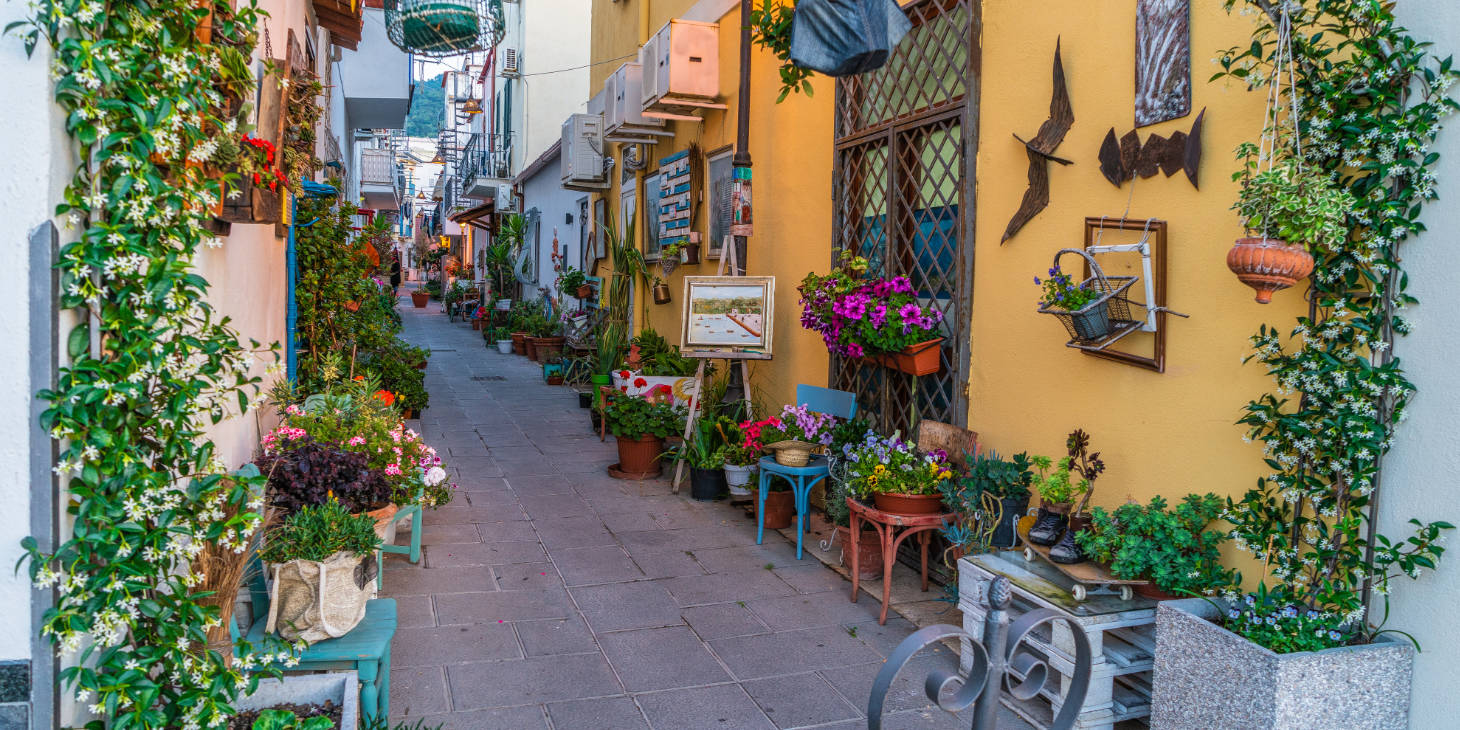 Ruelle pittoresque et fleurie avec des boutiques d'art à Ischia.